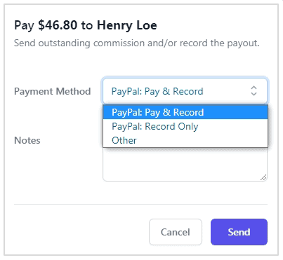 Payout affiliate commission via Paypal or manually