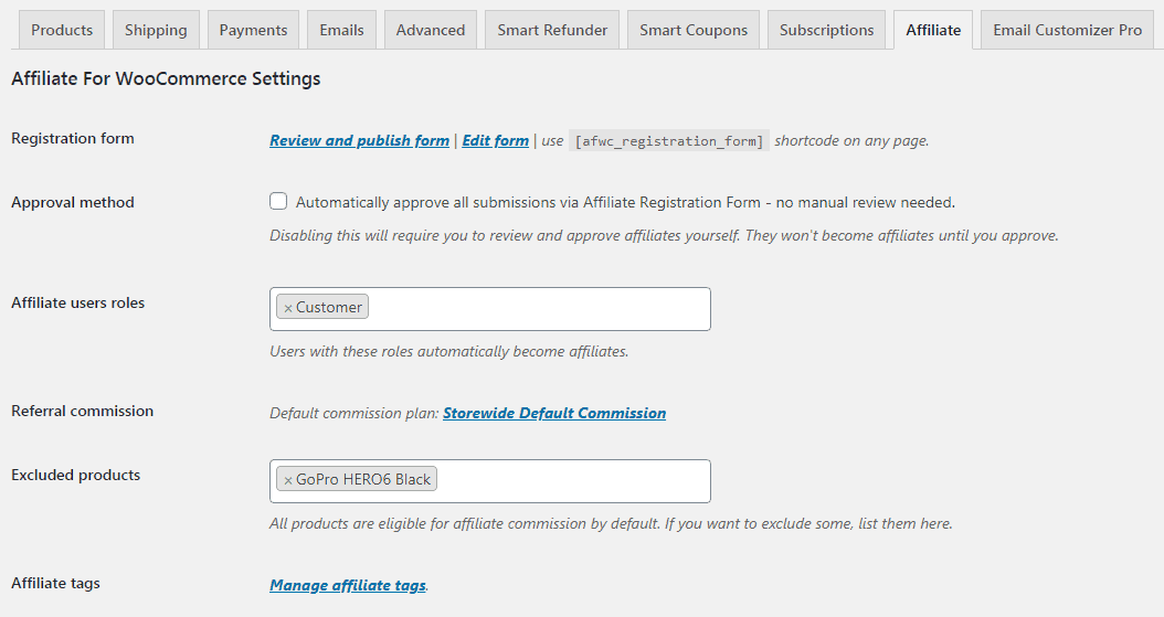 Affiliate for WooCommerce settings form user roles exclude products.png