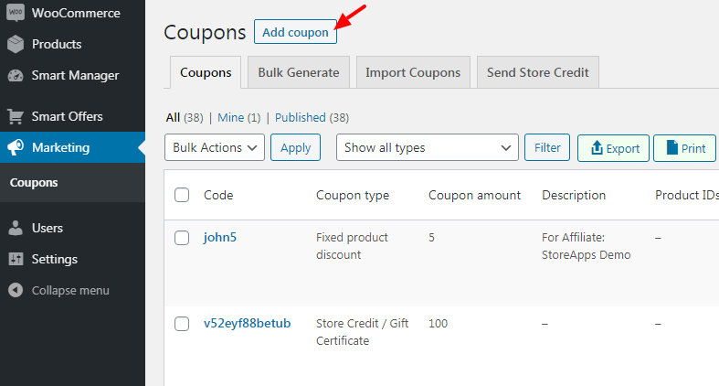 WooCommerce add new coupon