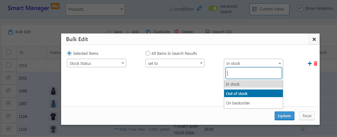 Bulk mark product variation out of stock