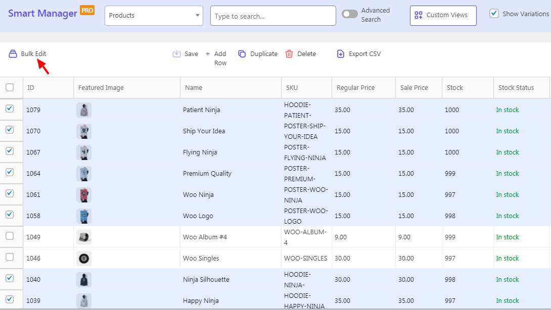 Smart Manager products dashboard