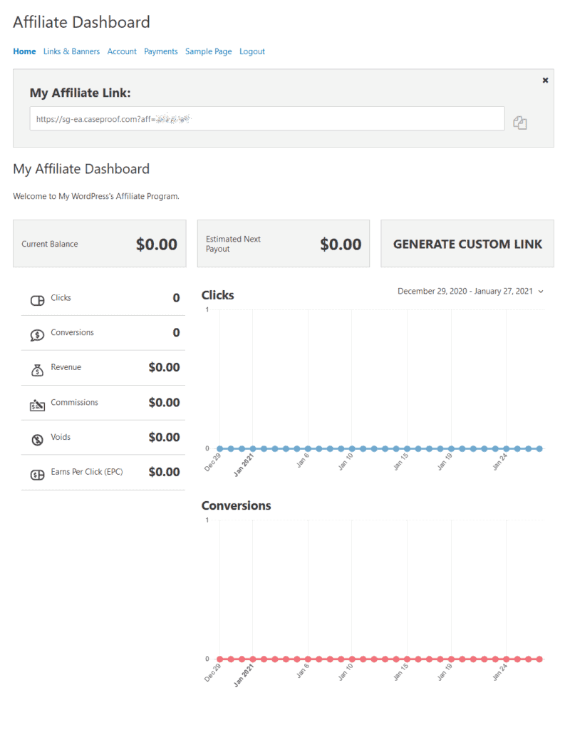 Easy Affiliate plugin dashboard