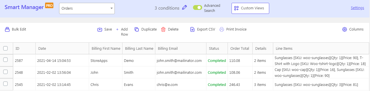 Smart Manager Orders dashboard after applying filters