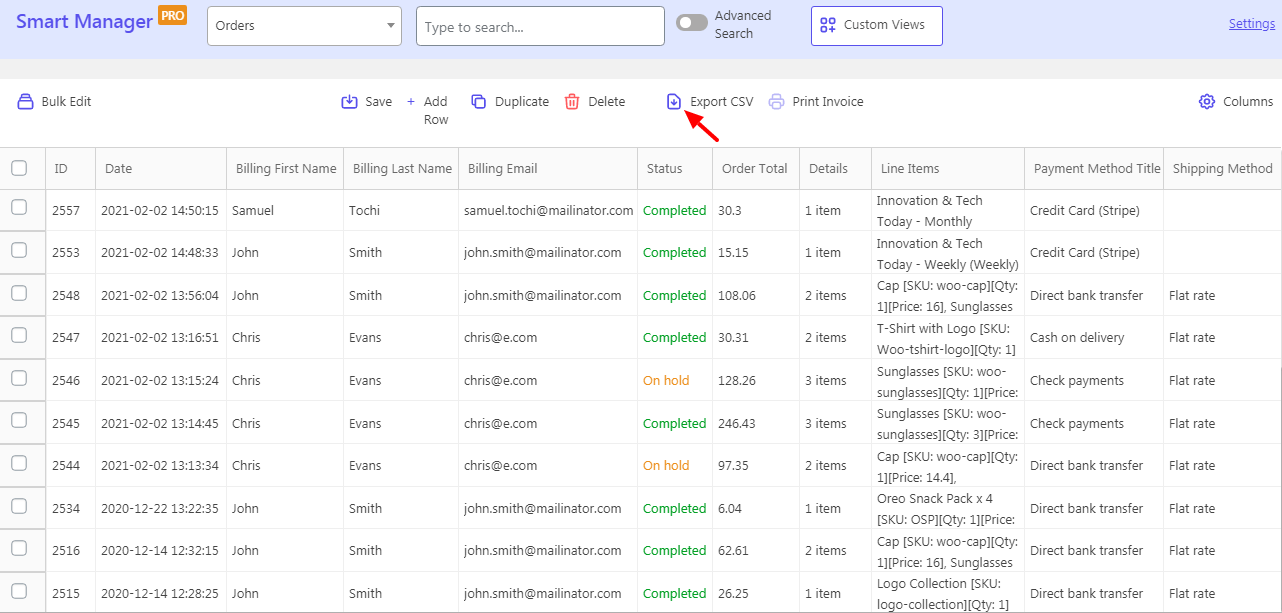 WooCommerce export orders CSV with Smart Manager