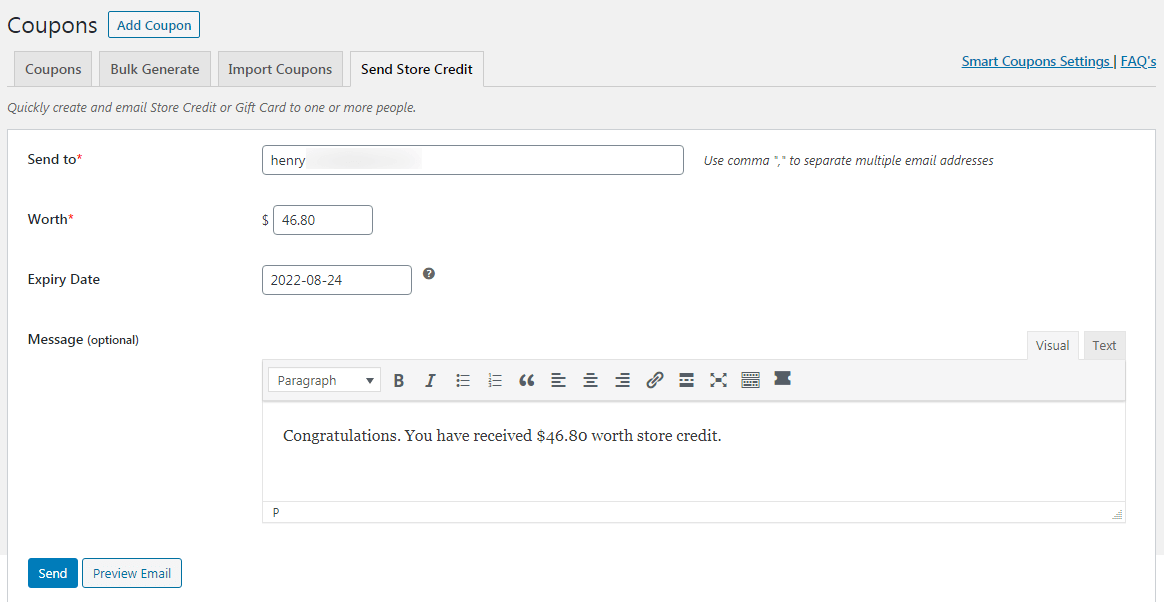 WooCommerce Smart Coupons send store credit