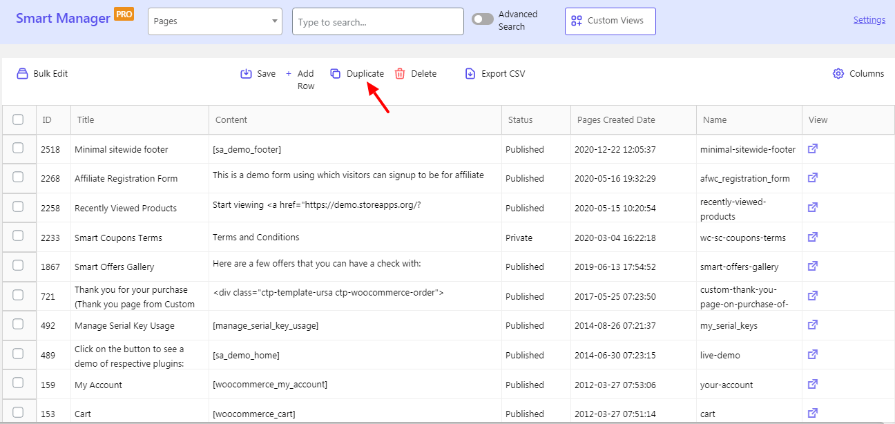 Smart Manager dashboard duplicate option for pages posts
