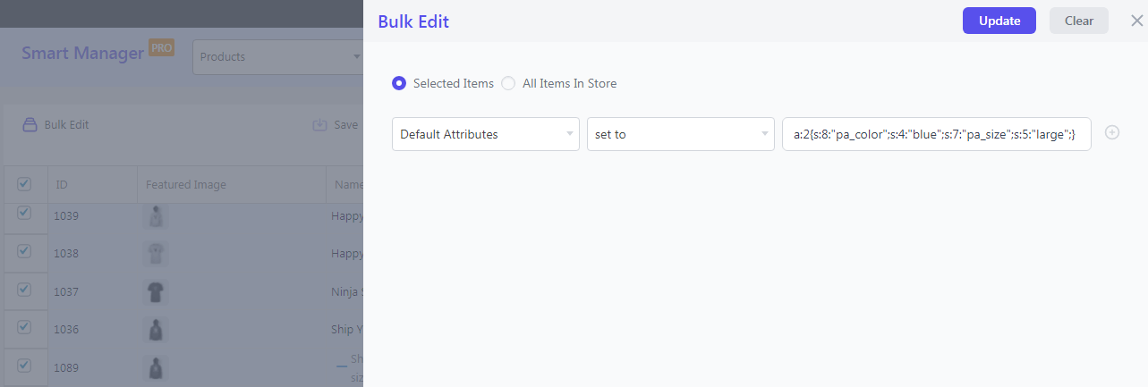 Set WooCommerce attributes by default in bulk with Smart Manager