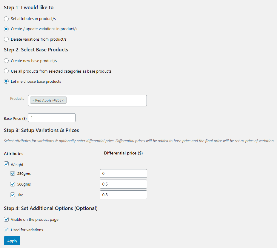 create variations based on weight attribute