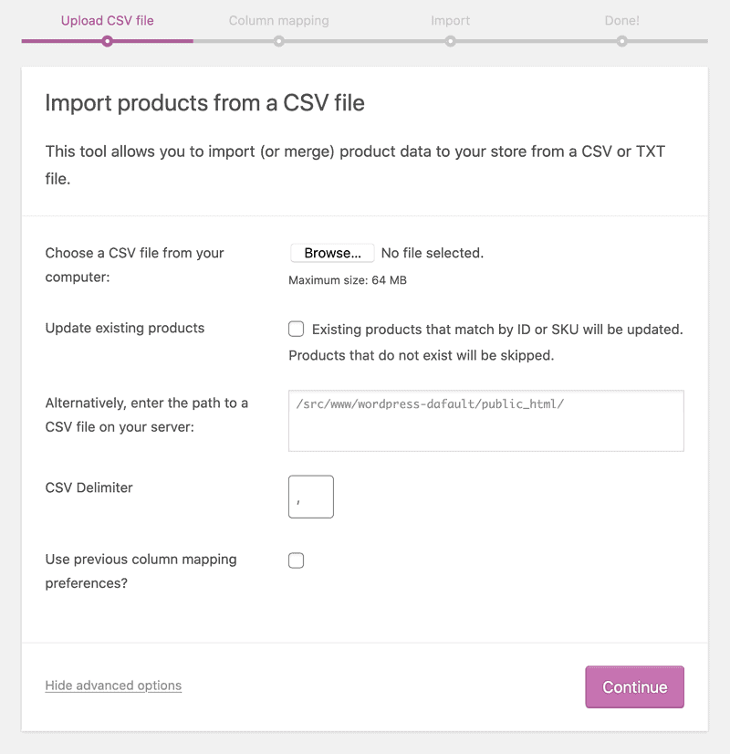 WooCommerce import products csv