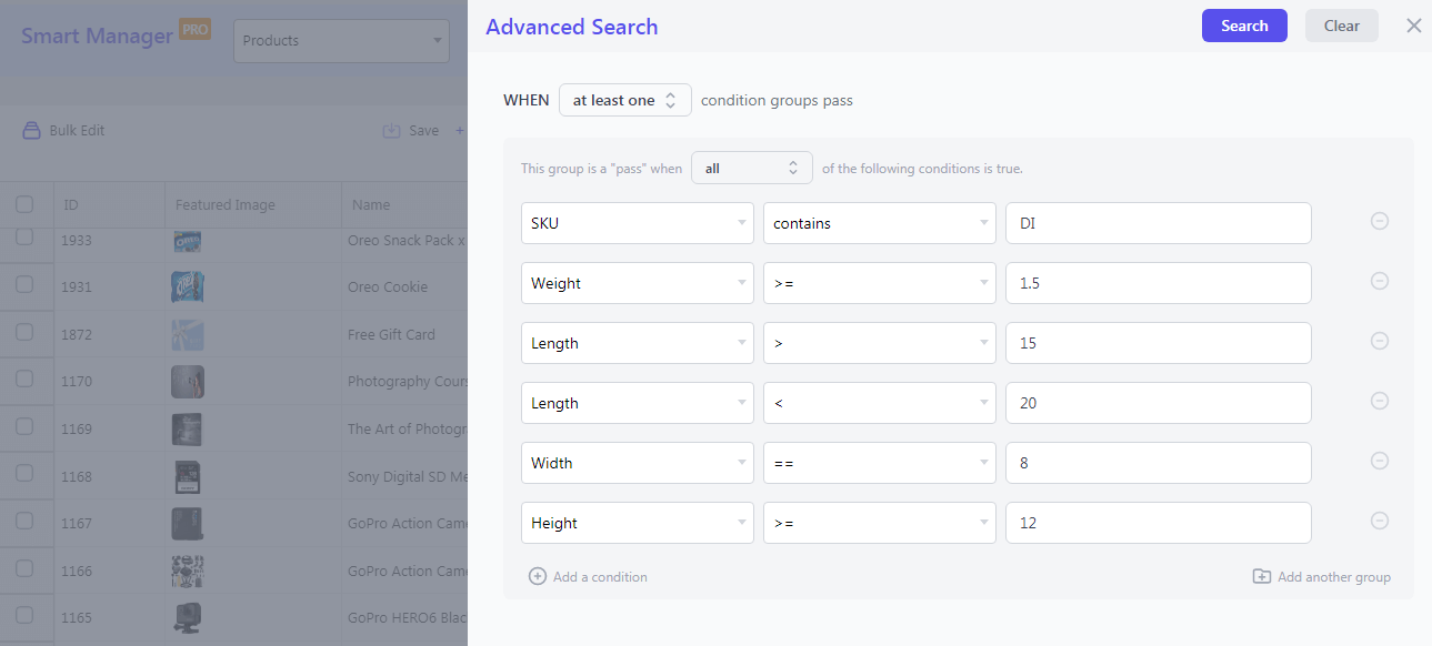 search inventory based on weight length width height