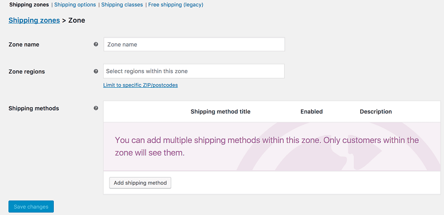 WooCommerce shipping zone settings