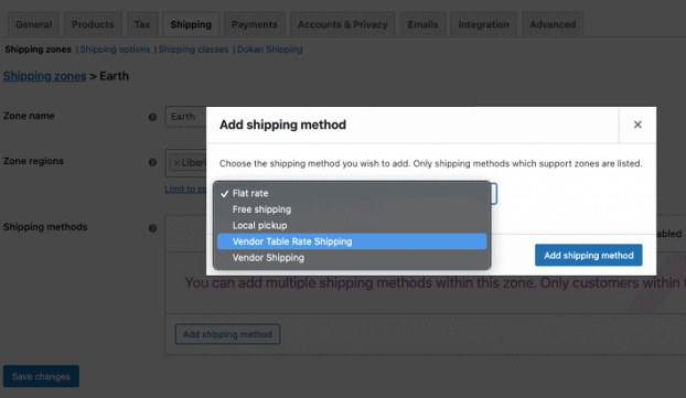 vendor table rate shipping method