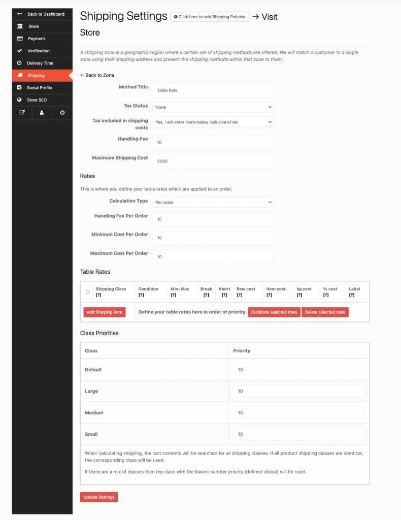 table rate setting for vendors