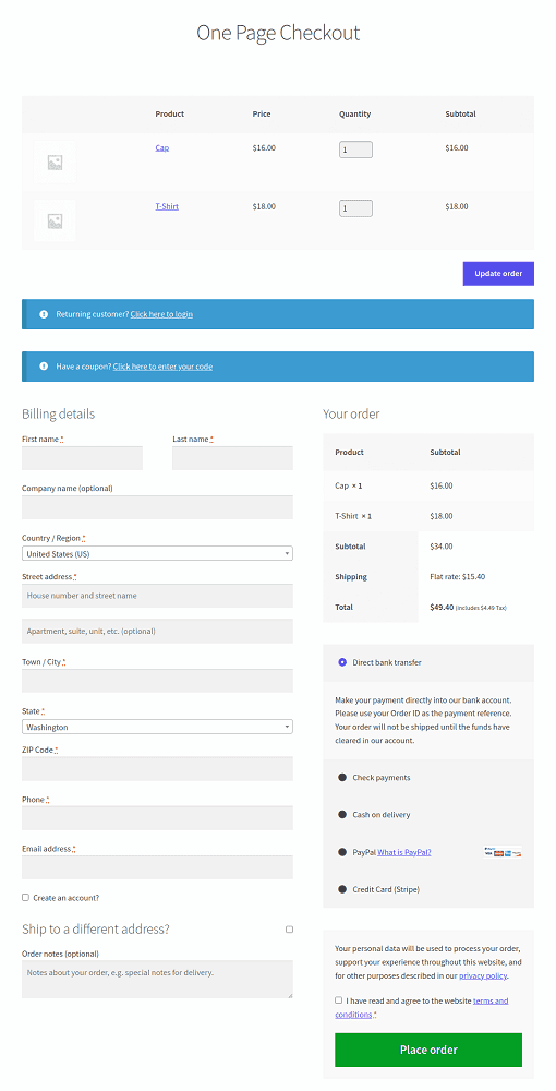 Cashier one page checkout