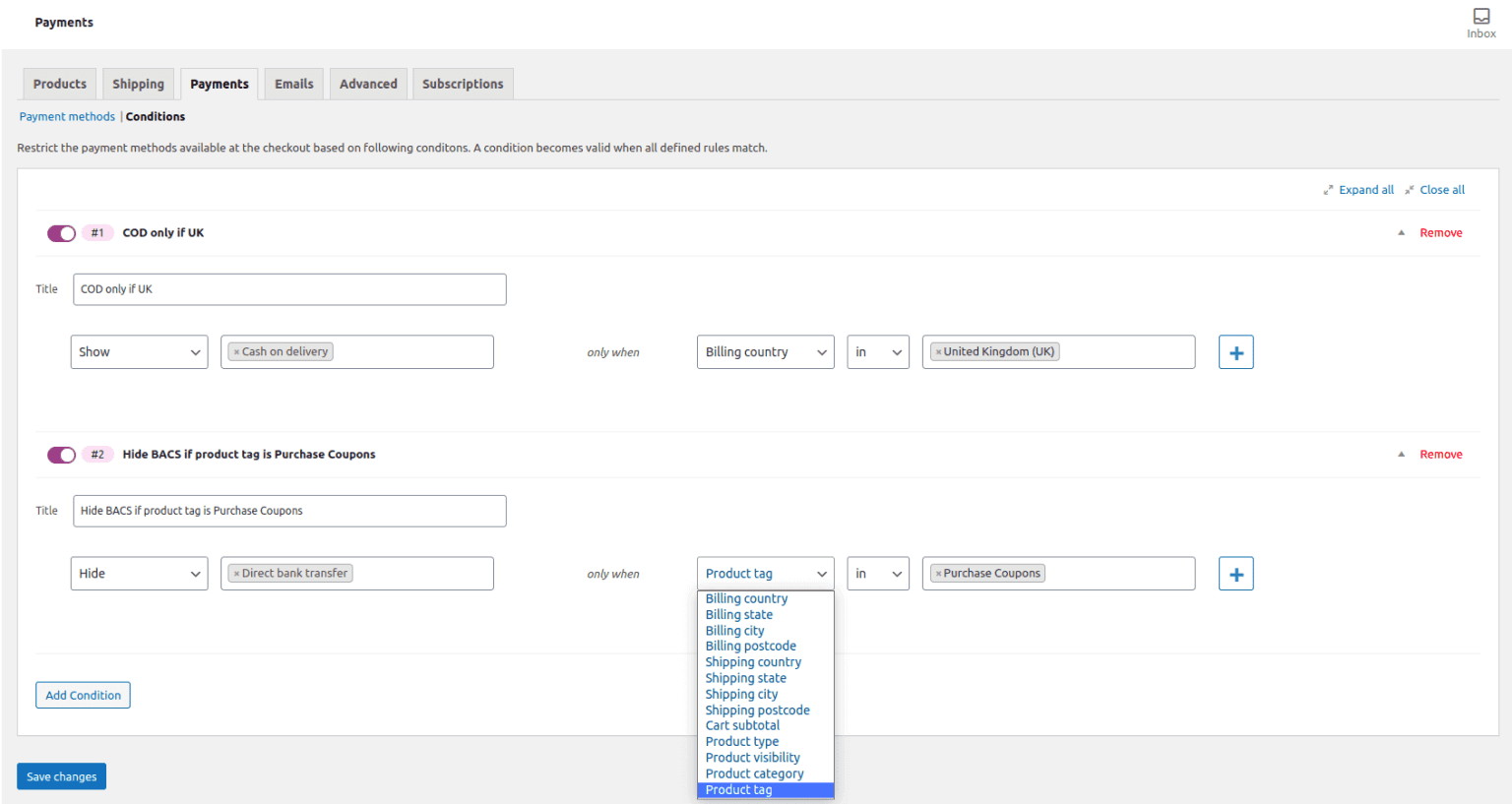 conditional payment methods woocommerce based on product taxonomy billing shipping address