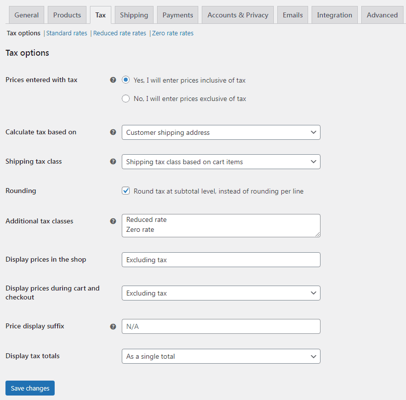 Configuring tax options in WooCommerce