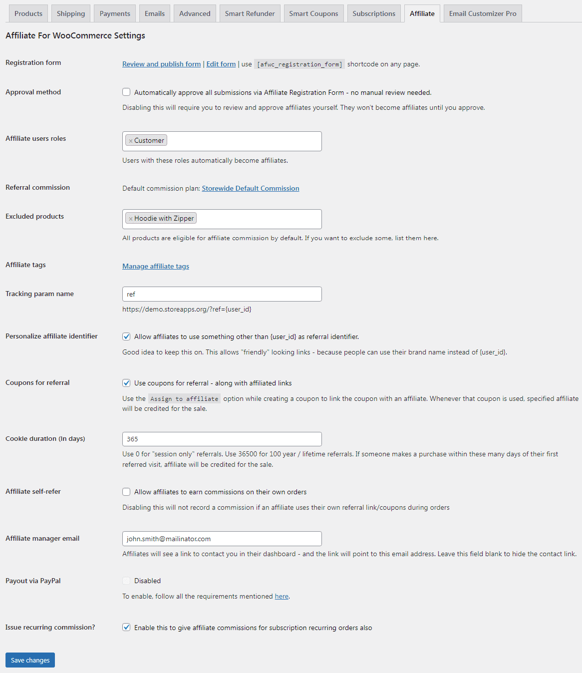 Affiliate for WooCommerce settings