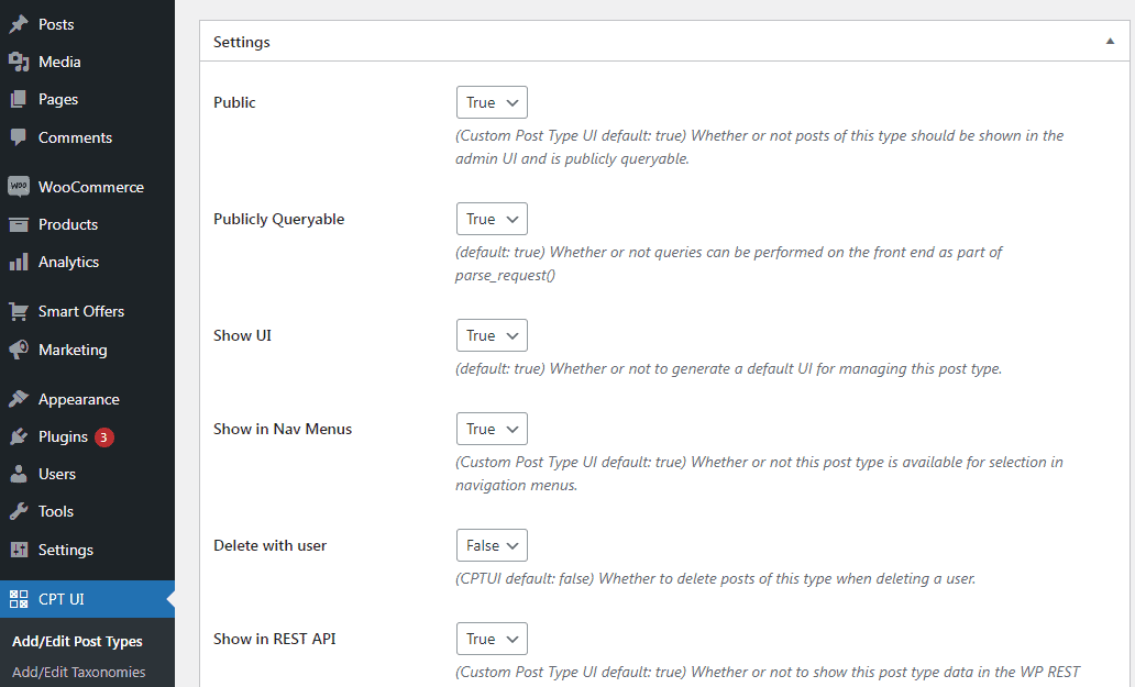 custom post type settings