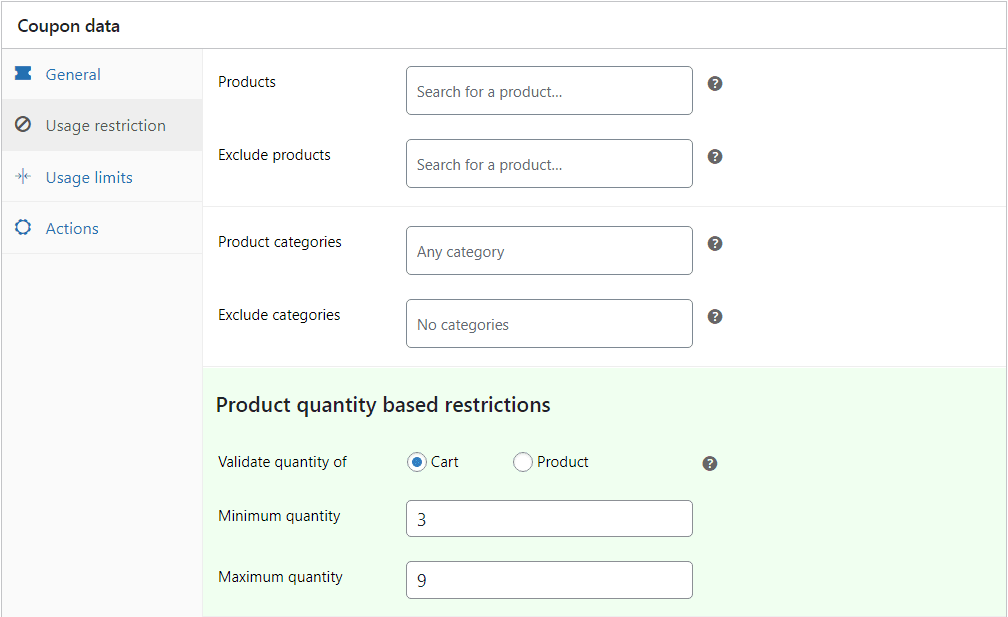 cart quantity discount min max setting