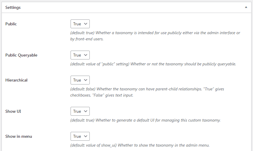 taxonomy settings