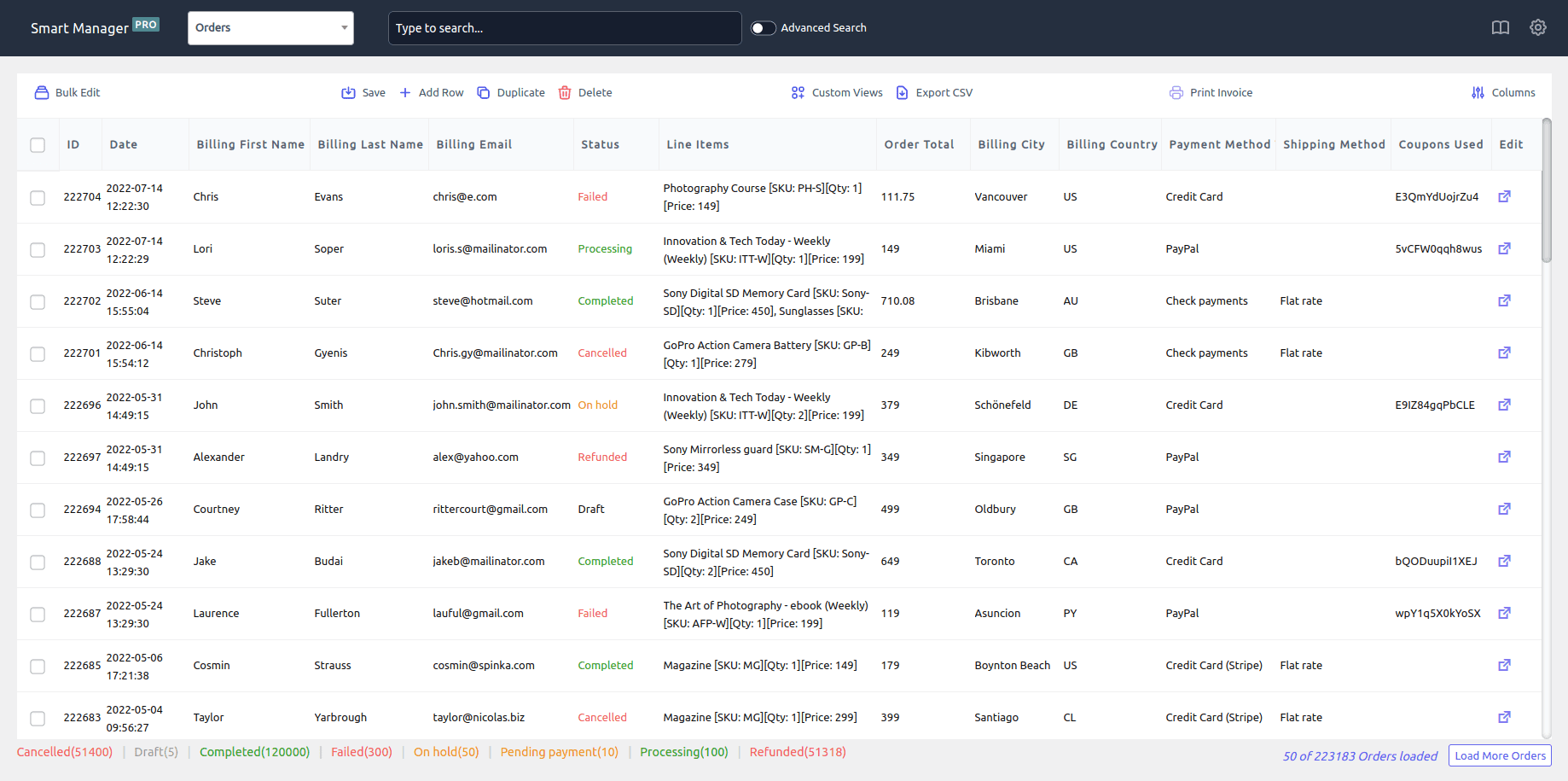 Smart Manager orders dashboard