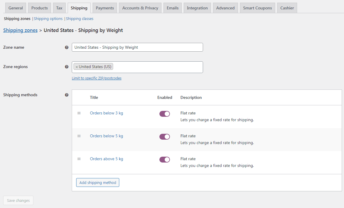 WooCommerce shipping by weight setup