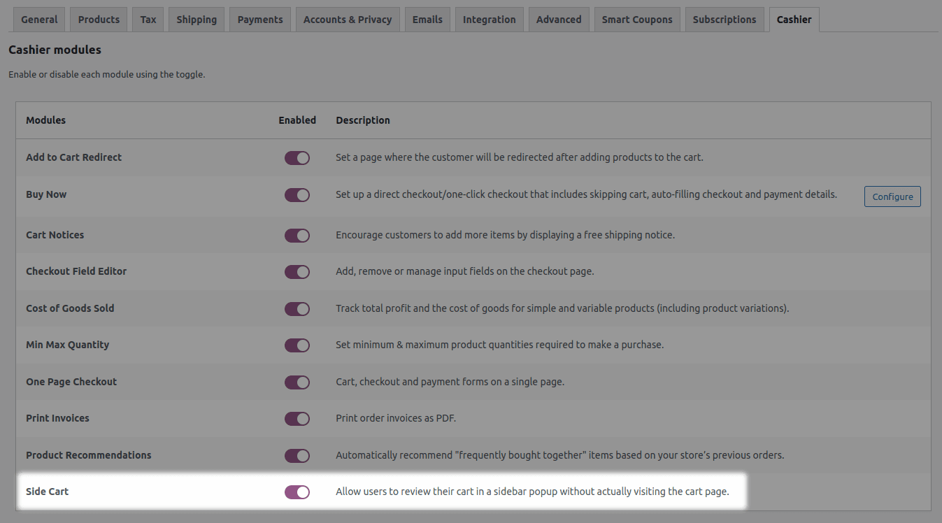 Cashier side cart enable setting