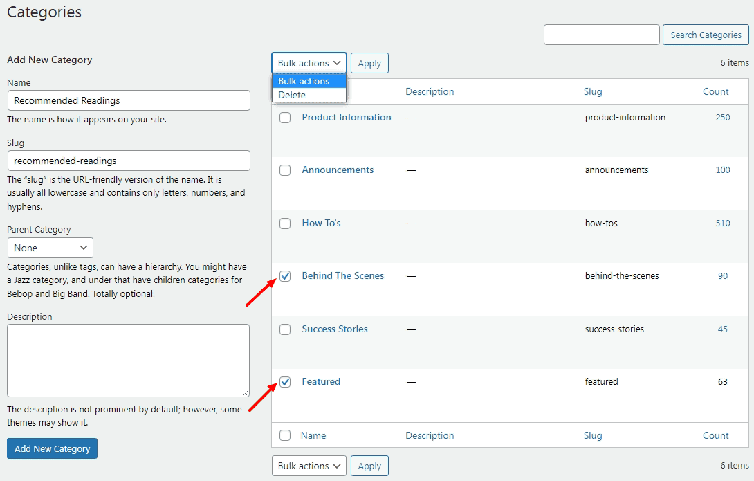 WordPress bulk delete categories