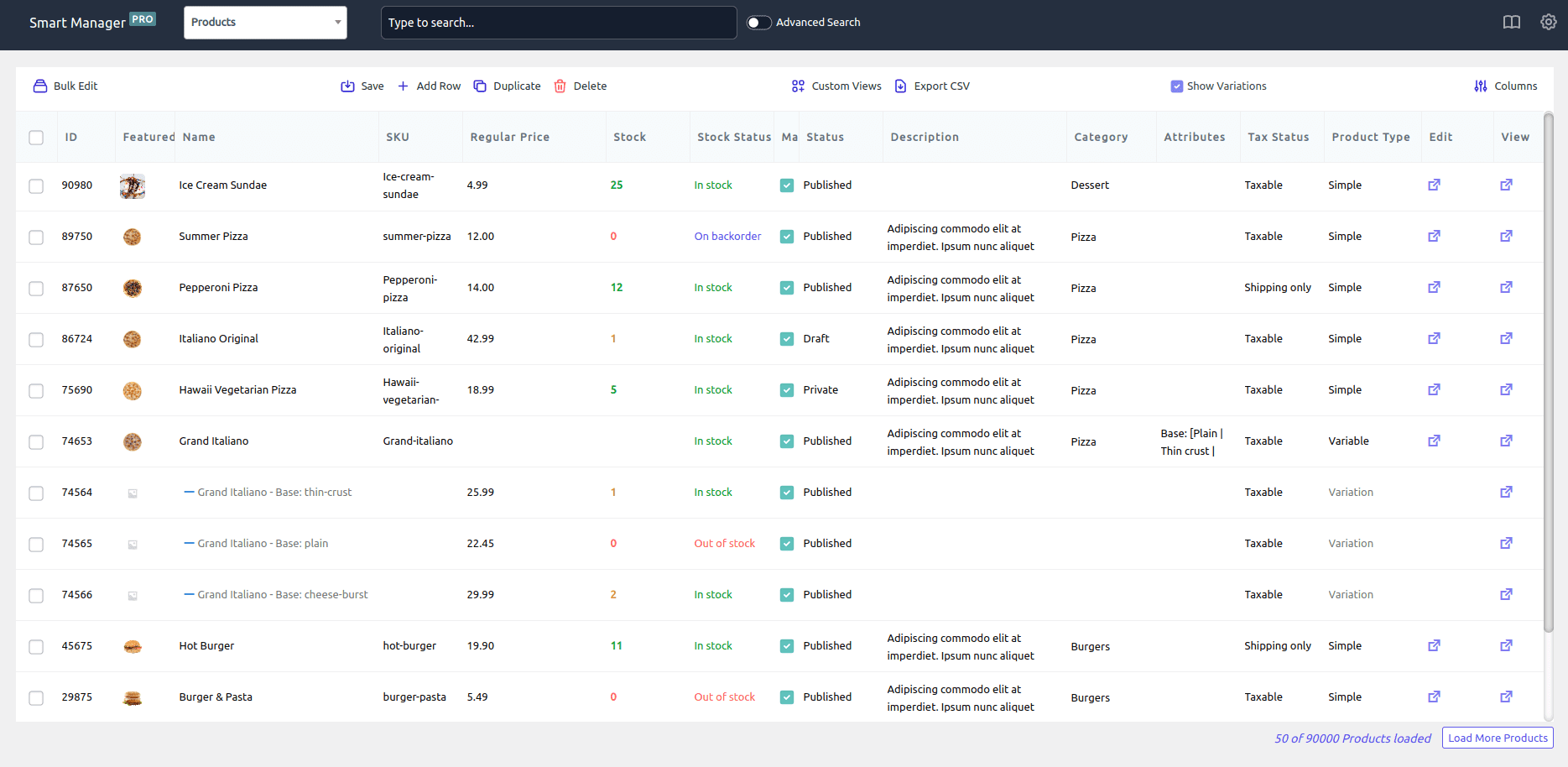 Smart Manager products dashboard
