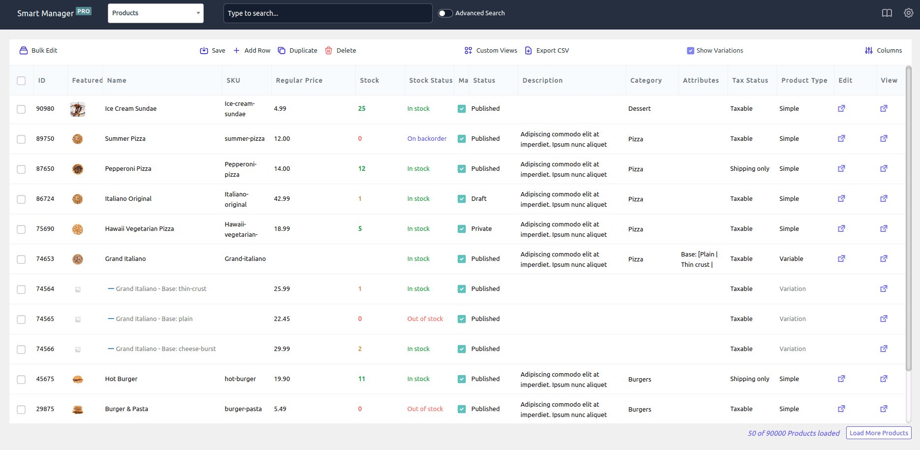 managing products in a spreadsheet editor