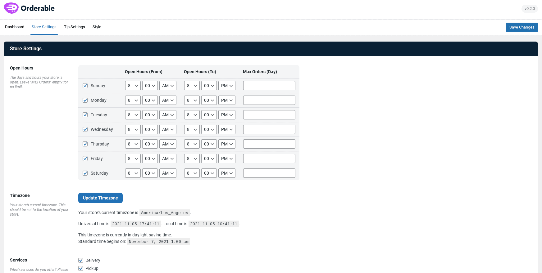 Orderable WordPress store settings