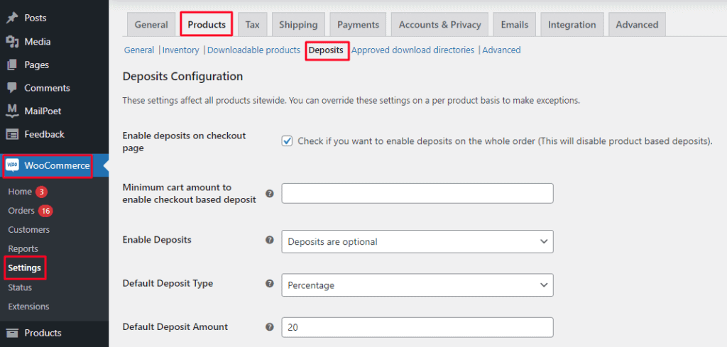 WooCommerce Deposists plugin settings