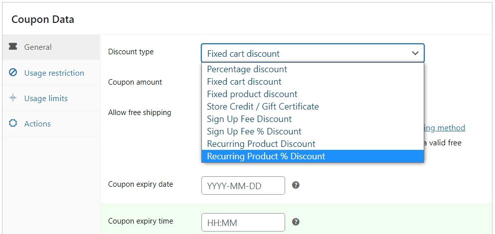 WooCommerce subscription coupons discount types