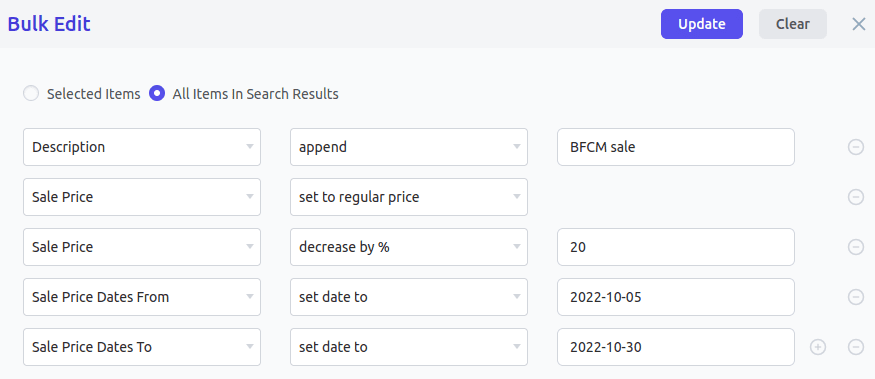 bulk editing products panel