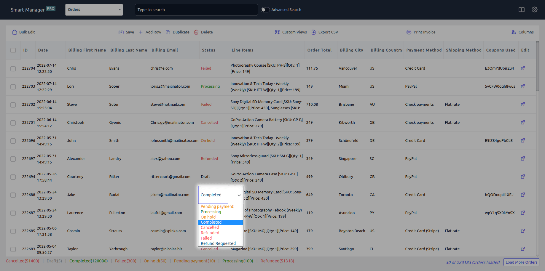 inline edit orders using wp sheet editor