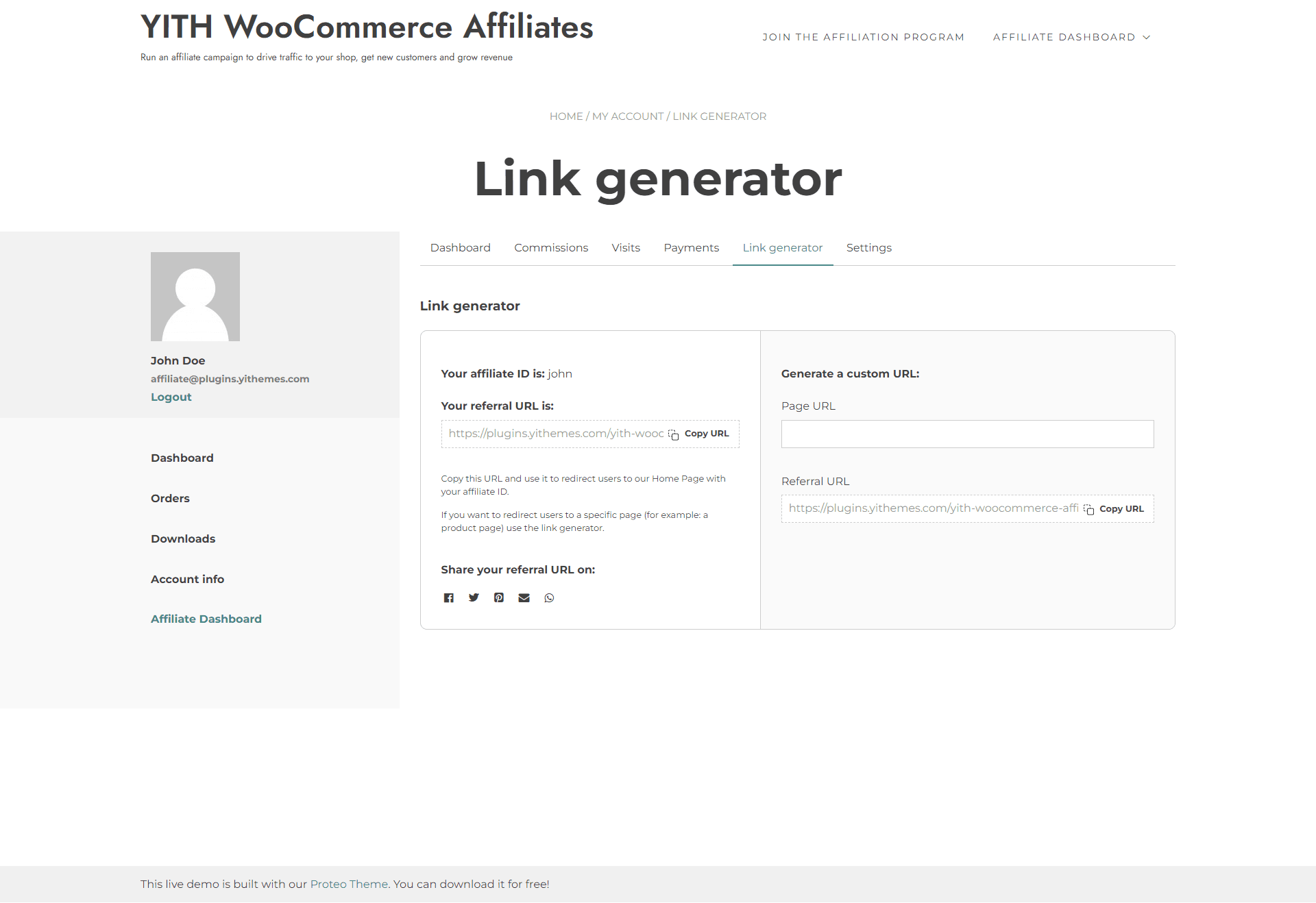 YITH affiliate link generator