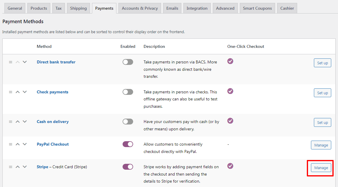 manage Stripe option