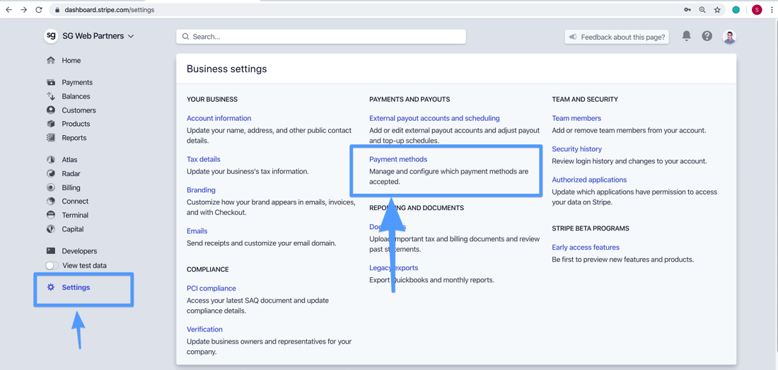 Stripe payment method settings