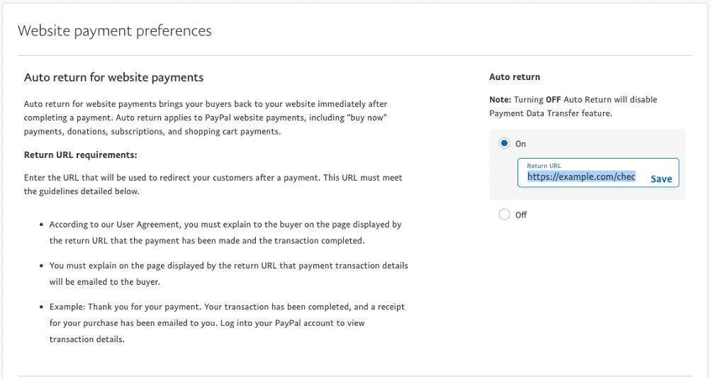 PayPal auto return setup