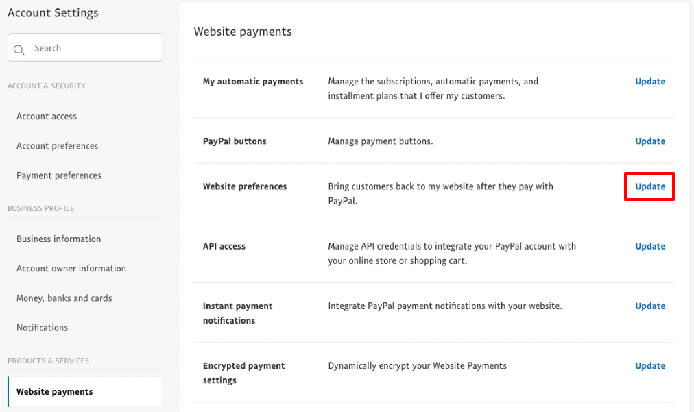 PayPal website preferences