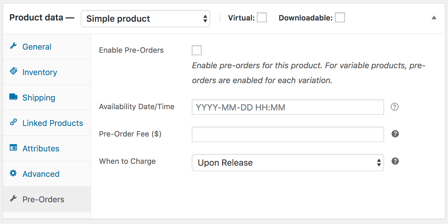 pre-orders product settings