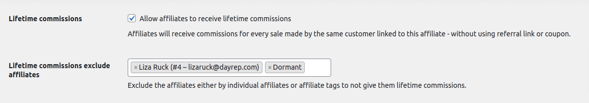 lifetime commissions settings in Affiliate for WooCommerce plugin