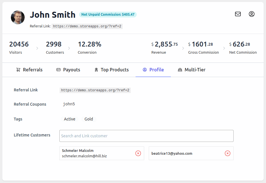 link customers with affiliates for lifetime commission