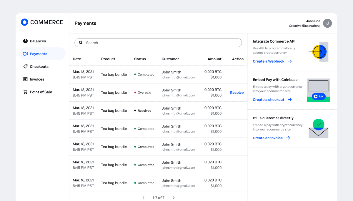 WooCommerce crypto payments Coinbase dashboard