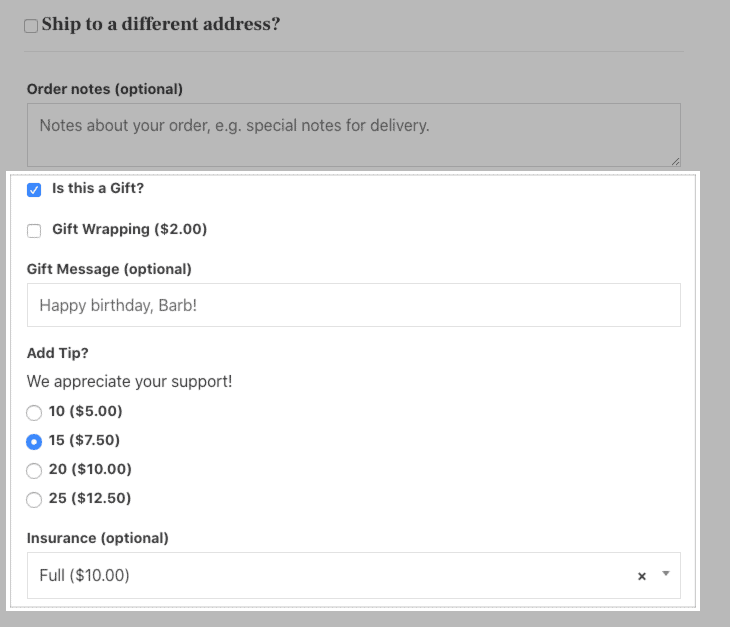 WooCommerce checkout addons gift options