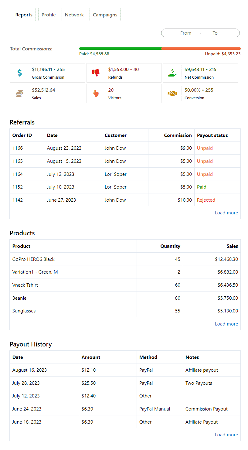 affiliates dashboard under my account