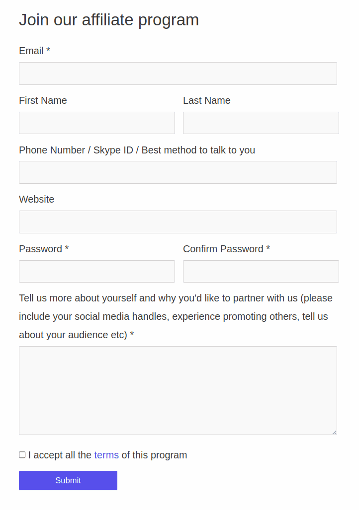 simple affiliate registration form