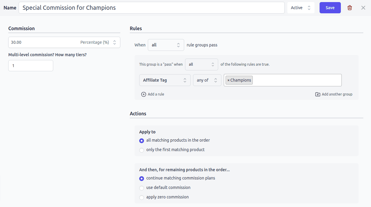 set commission rule by affiliate tag or group