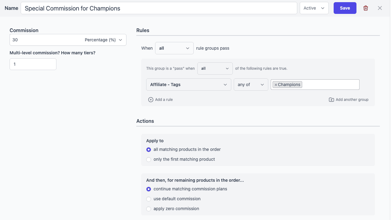set commission rule by affiliate tag or group