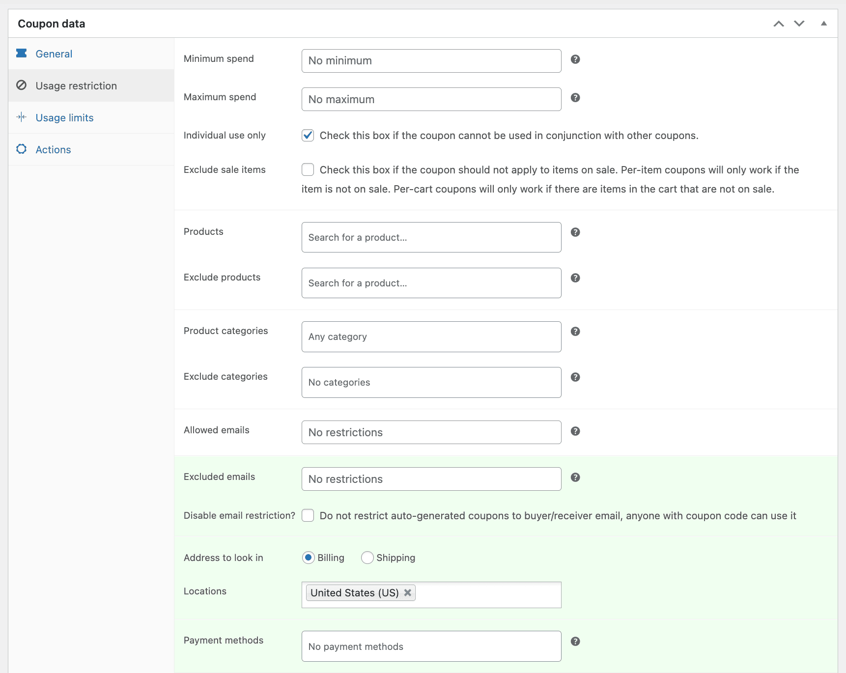 WooCommerce individual use setting